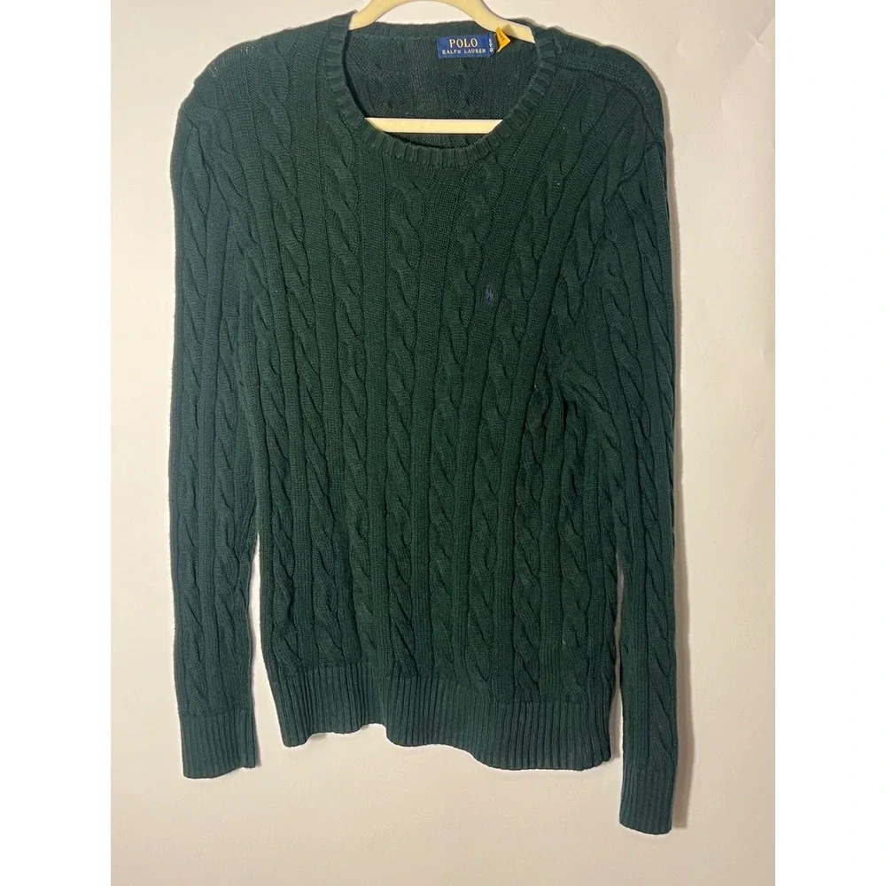 Polo Ralph Lauren Quiet Luxury Preppy Hunter Green Cableknit Sweater Small